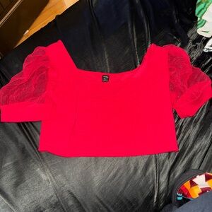 SHEIN Red Square Neck Puff Sleeve Crop Top